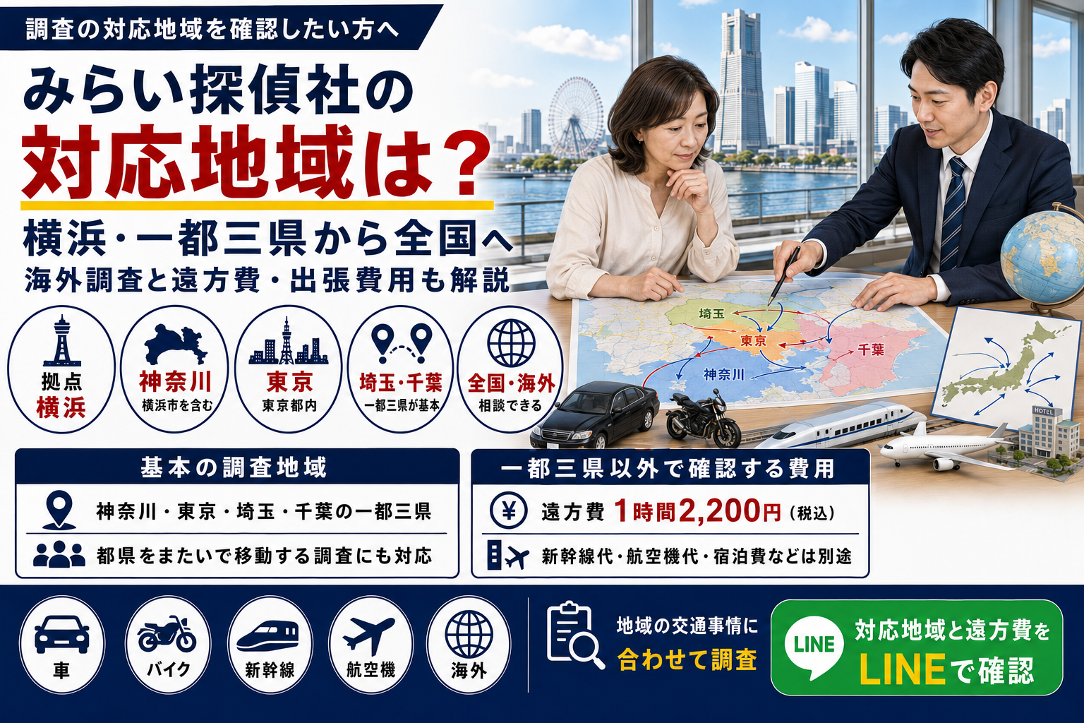 みらい探偵社の横浜・一都三県・全国における対応地域を示すイメージ