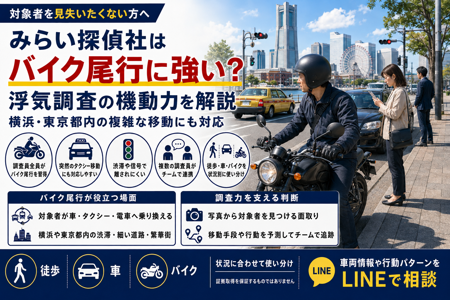 バイク尾行を活用して浮気調査を行うみらい探偵社の調査員