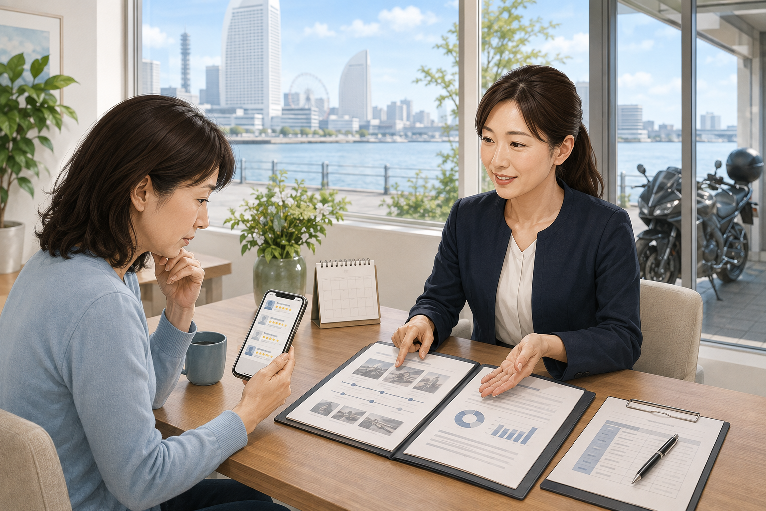 横浜で口コミや料金を確認しながら探偵へ浮気調査を相談する女性