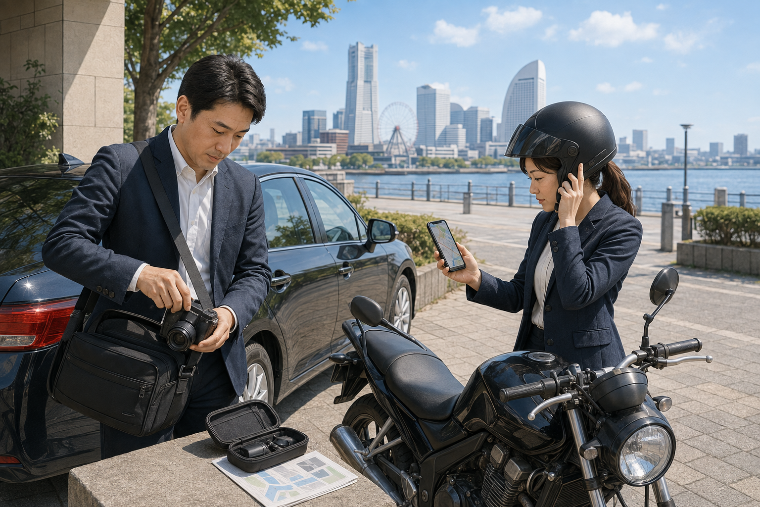 横浜で車とバイクを使った浮気調査へ向かう準備をする調査員