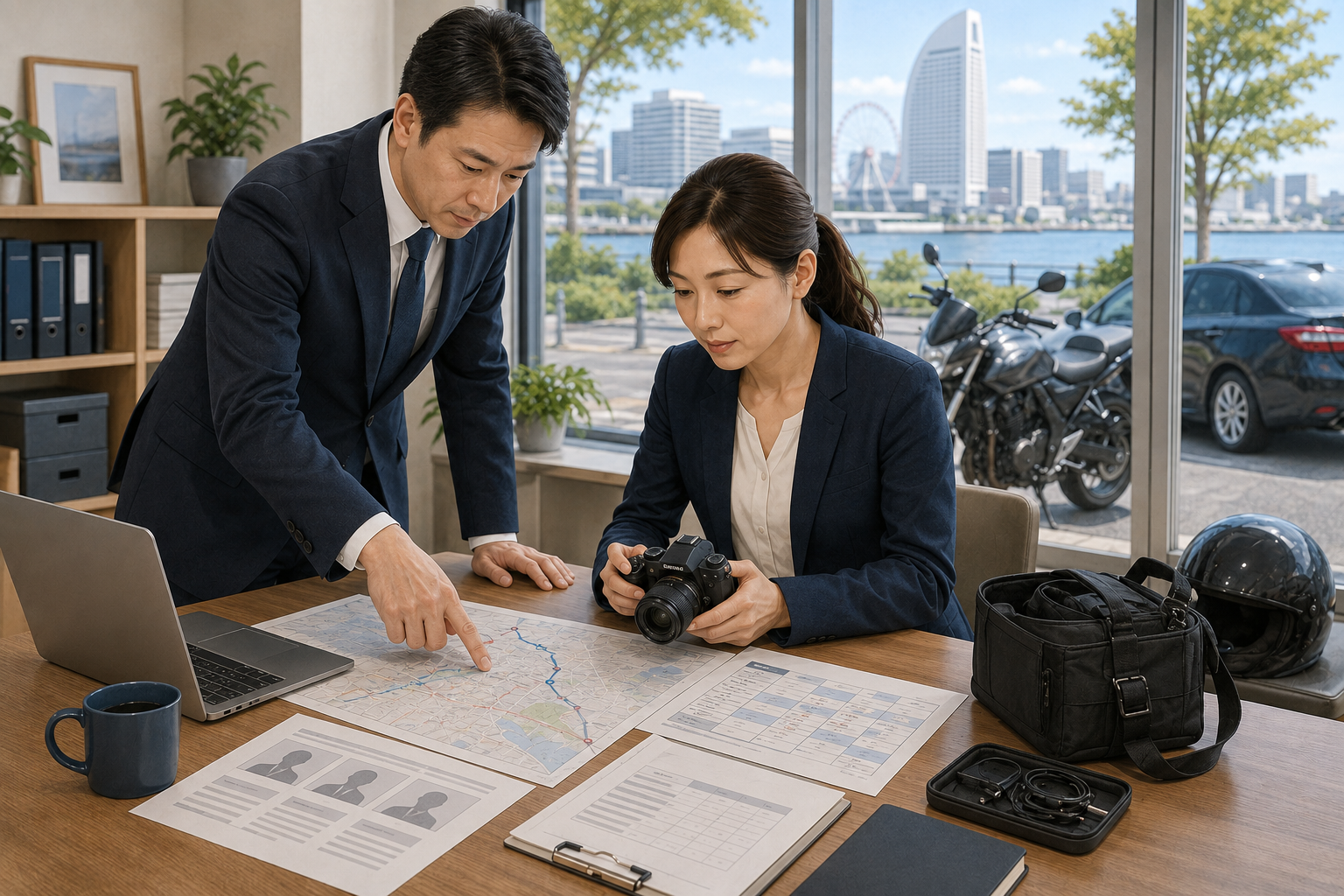 横浜の事務所で地図と撮影機材を確認し浮気調査を準備する調査員